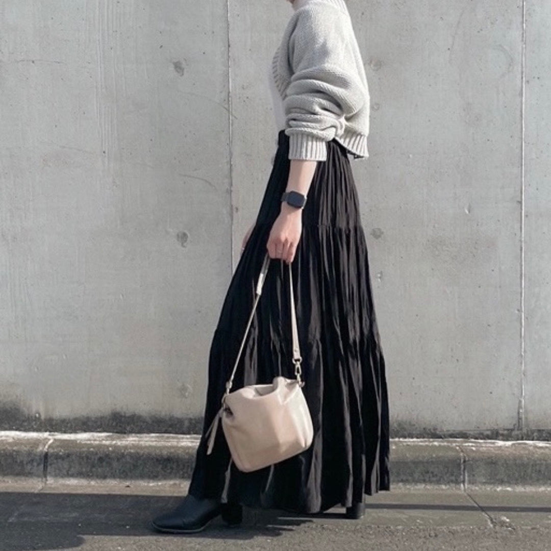 【149cm】ワッシャープリーツスカート　BLACK /long