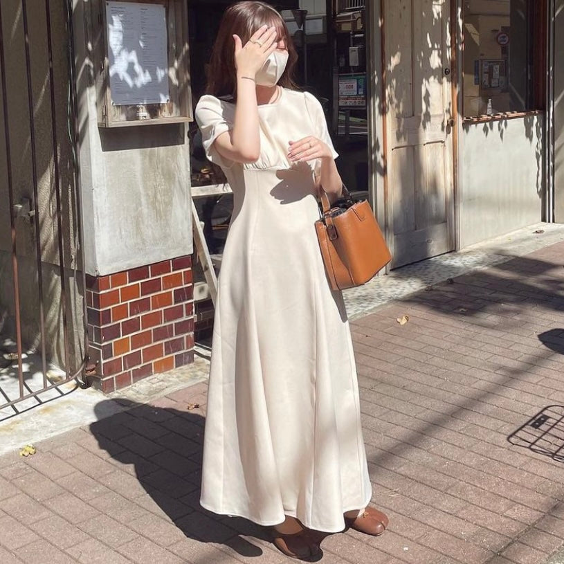 【149cm】デザインスリーブワンピース　IVORY / S