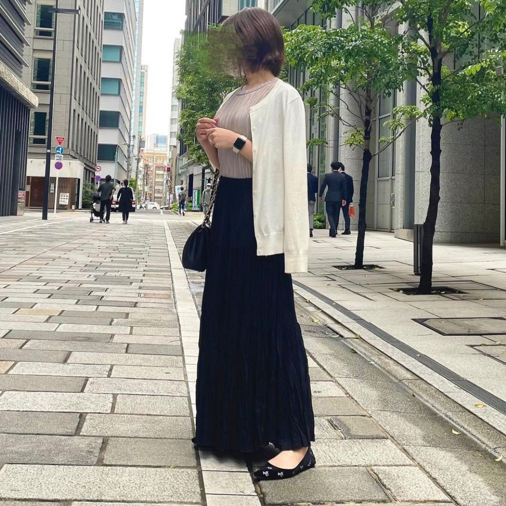 【153cm】ワッシャープリーツスカート　 BLACK /long