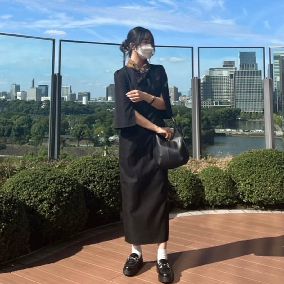 【165cm】スリットスリーブドレス　BLACK/M