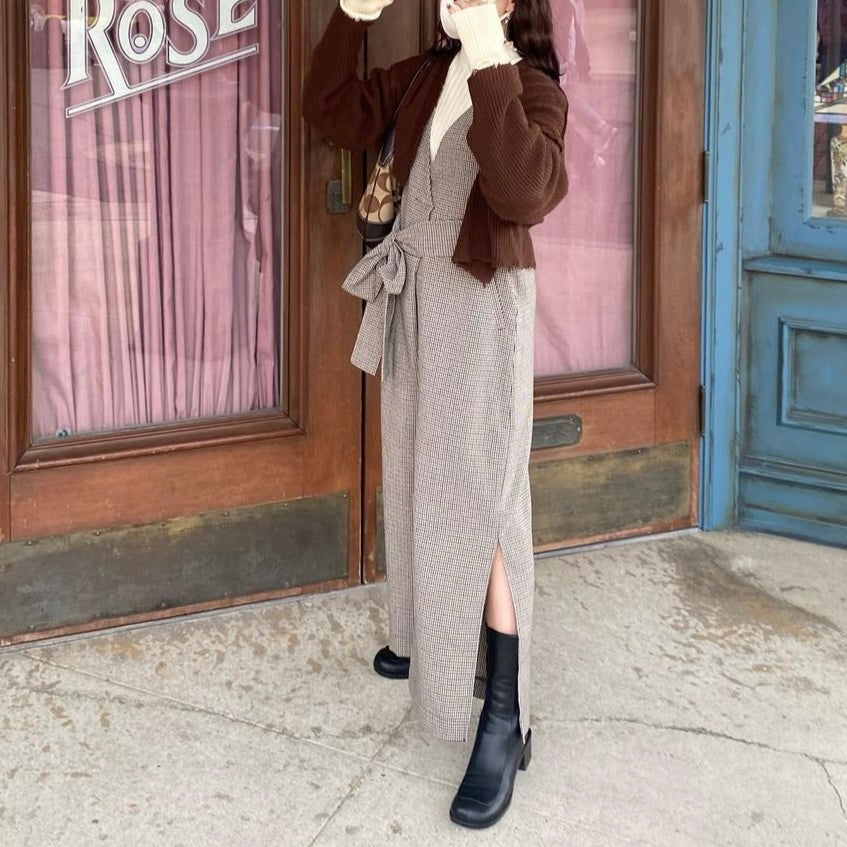 【153cm】チェックウエストマークオールインワン　S