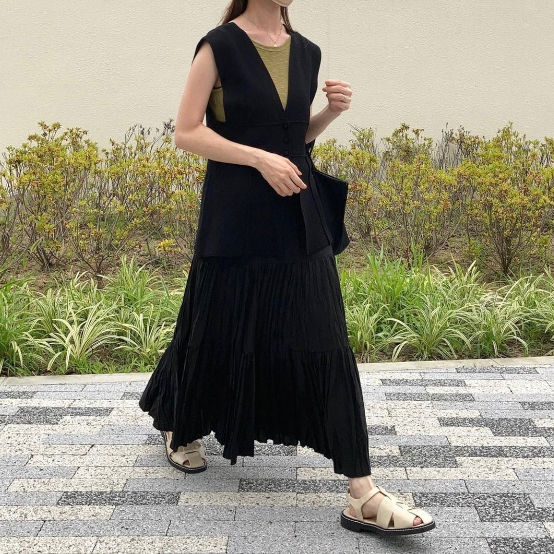 【152cm】ワッシャープリーツスカート　BLACK /short