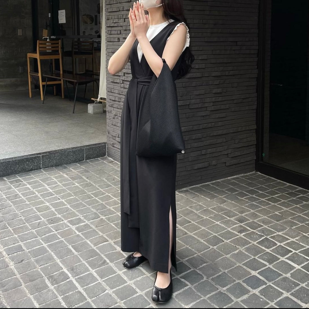 【151cm】ウエストマークオールインワン　BLACK /S