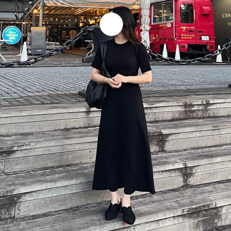 【147cm】ウエストマークフレアニットワンピース　BLACK/SS