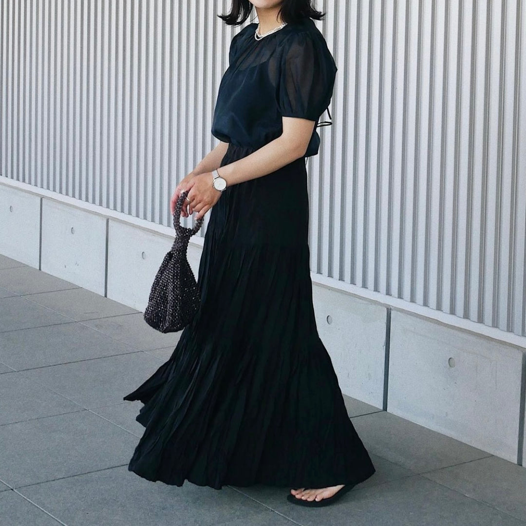 【153cm】ワッシャープリーツスカート　BLACK /long