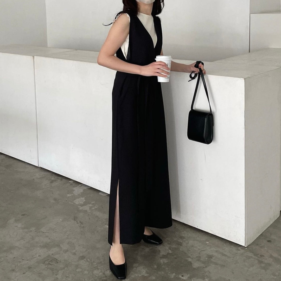 【151cm】ウエストマークオールインワン　BLACK/S