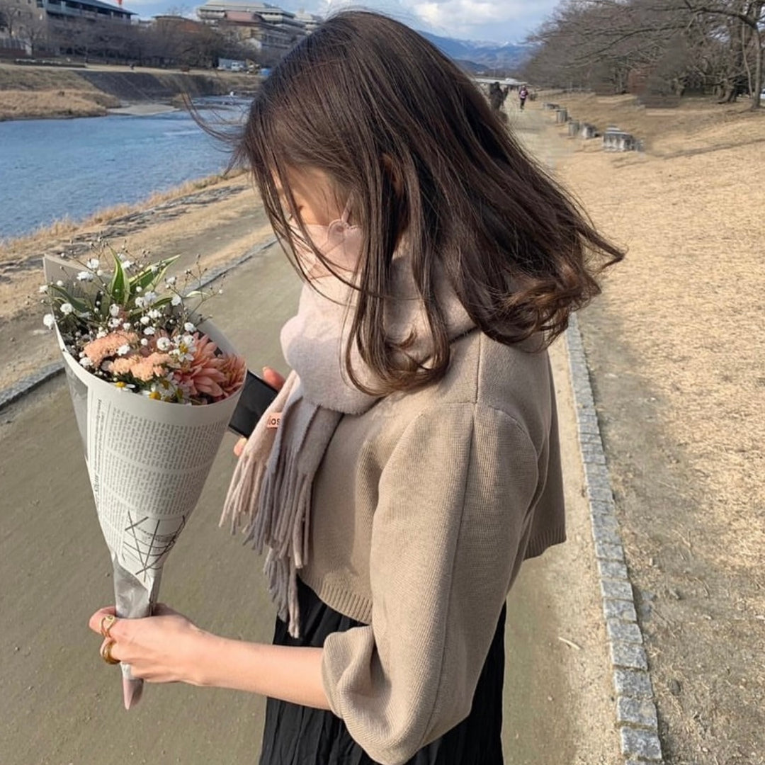 【149cm】パフスリーブショートニットカーディガン　MOCHA