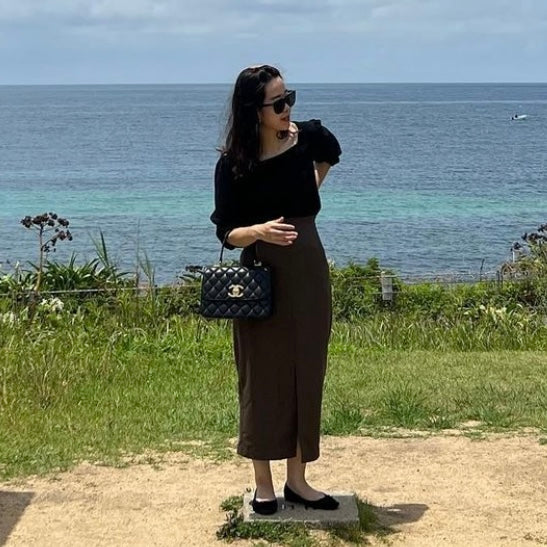 【155cm】フロントスリットペンシルスカート　BROWN /SS