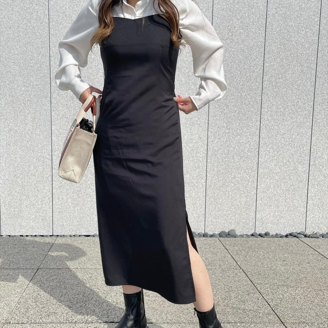 【152cm】サイドスリットロングワンピース　BLACK /SS