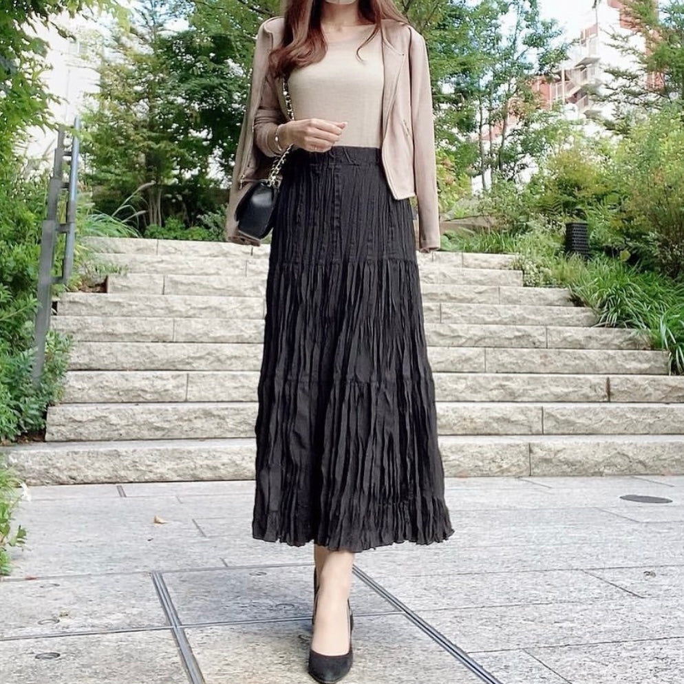 【153cm】ワッシャープリーツスカート　BLACK/S