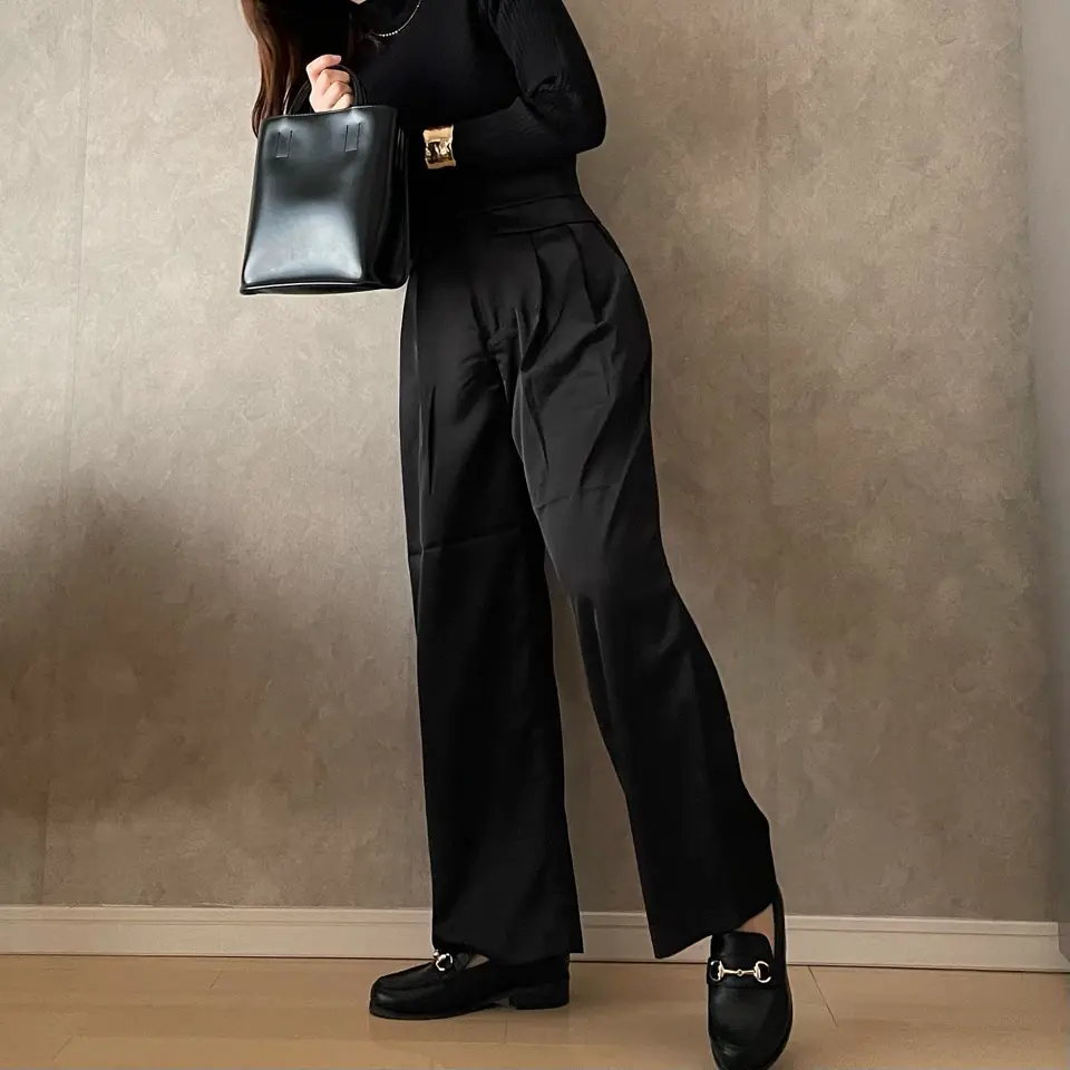 【152cm】サテンタブデザインスラックス　BLACK/S