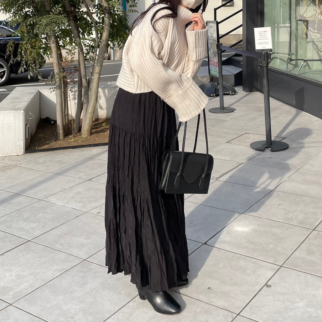 【151cm】ワッシャープリーツスカート BLACK/long(M)