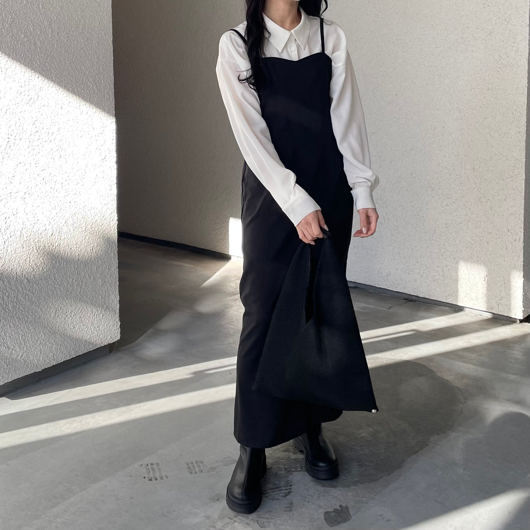 【151cm】サイドスリットロングワンピース　 BLACK/S