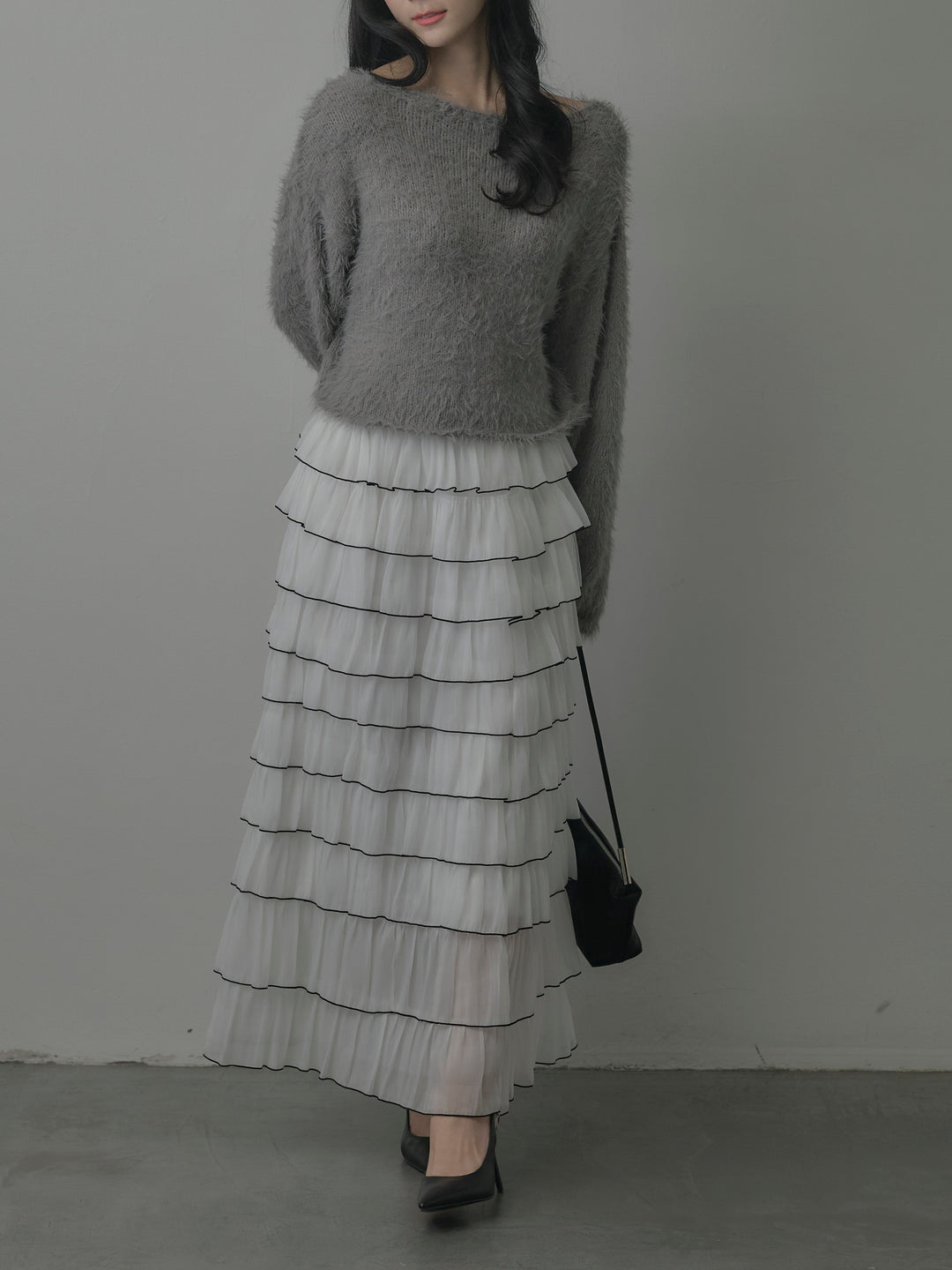 襟デザインシャギーニットトップス