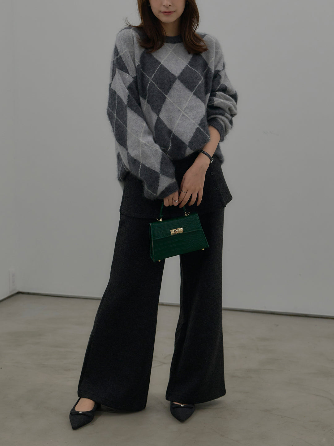 【SET】【premium touch】アーガイル柄ニットプルオーバー+ミックスヤーンニットラップパンツ(2set)