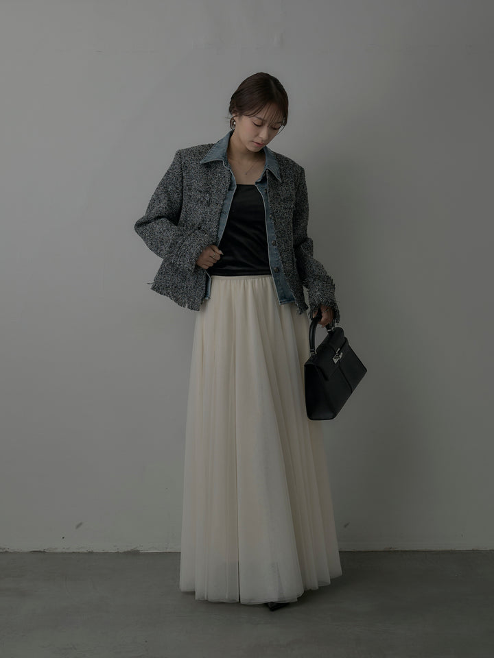 【SET】デニムドッキングオーバーサイズツイードジャケット+ボリュームチュールスカート(2set)