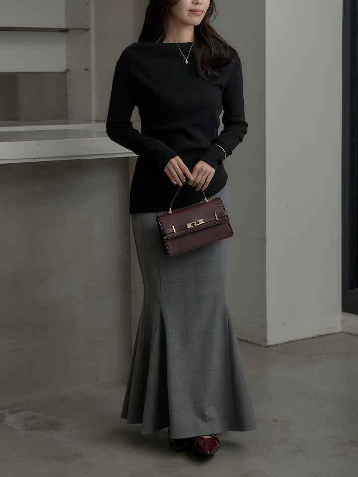 【SET】サイドスリットボートネックニットトップス+【Essential】チェック柄マーメイドスカート(2set)