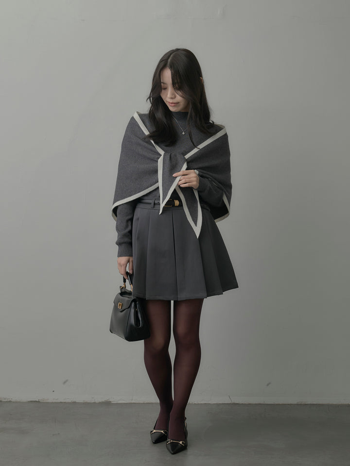 【SET】配色スカーフ付きニットトップス+ベルト付きプリーツミニスカート(2set)