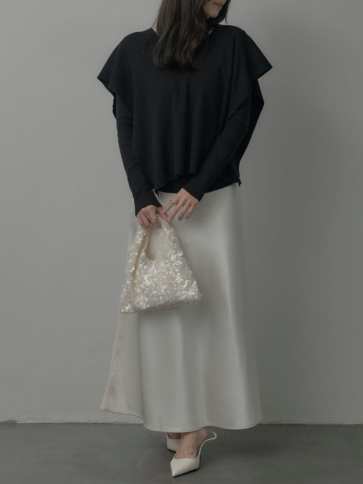 【SET】2wayリブニットポンチョトップス+ヘビーサテンAラインスカート(2set)