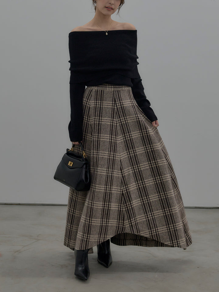【SET】【premium touch】ソフトリブオフショルニットトップス+【Essential】クラシカルチェックウールタッチスカート(2set)
