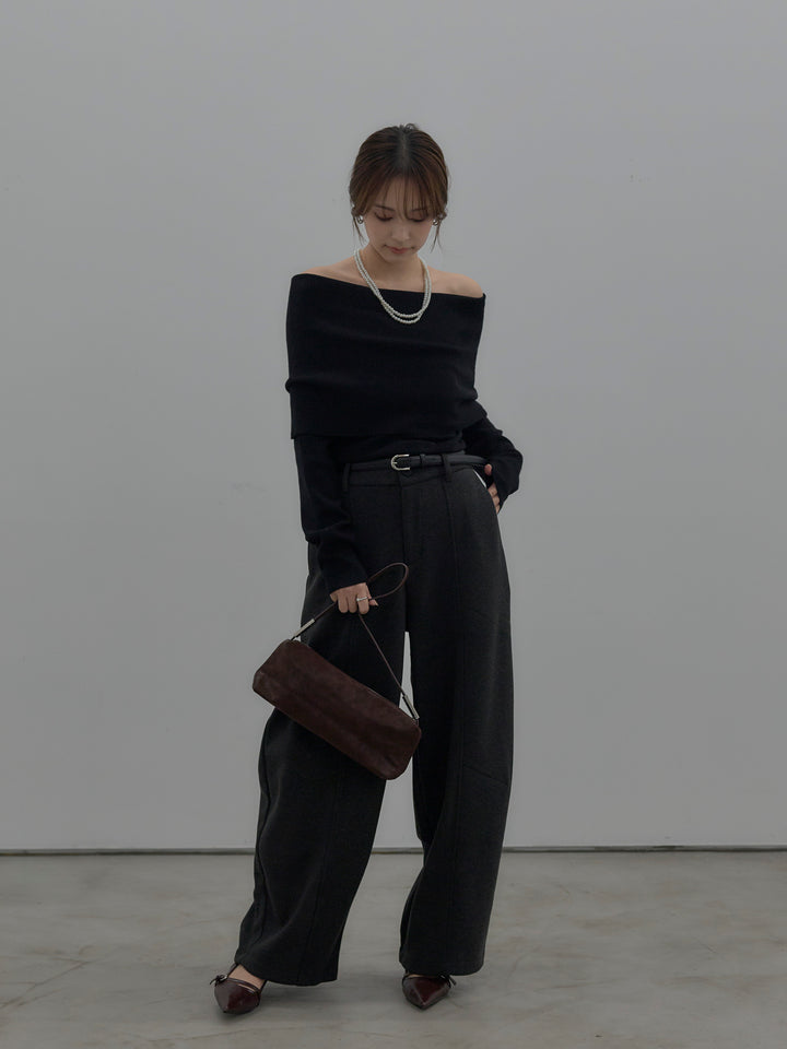 【SET】【premium touch】ソフトリブオフショルニットトップス+カーブデザインスウェットライクパンツ(2set)