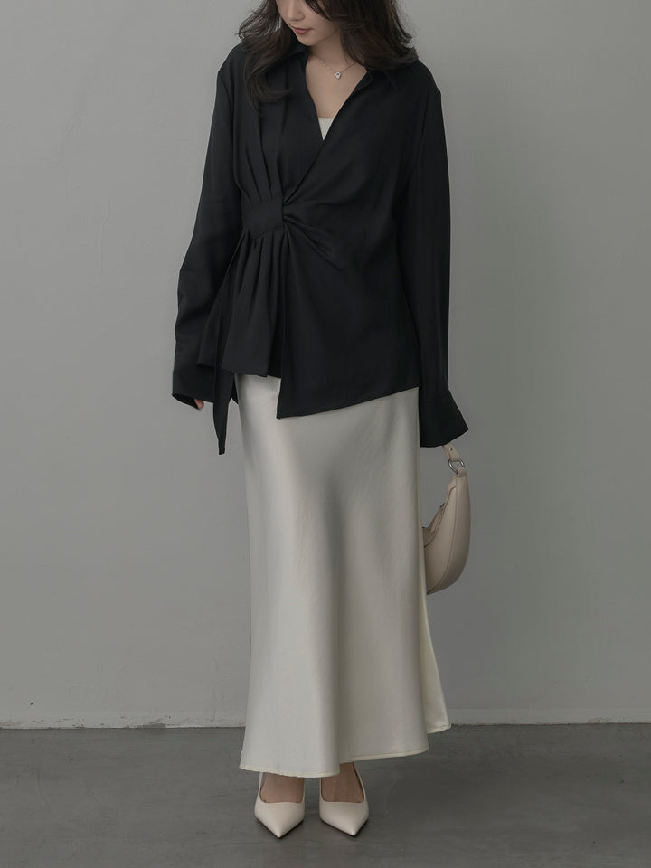 【SET】フロントラップデザインシャツ+ナローAラインサテンスカート(2set)