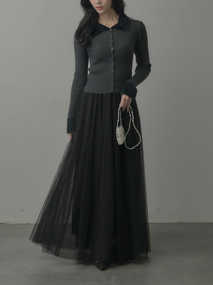 【SET】シャギー襟リブニットポロトップス+ボリュームチュールスカート(2set)