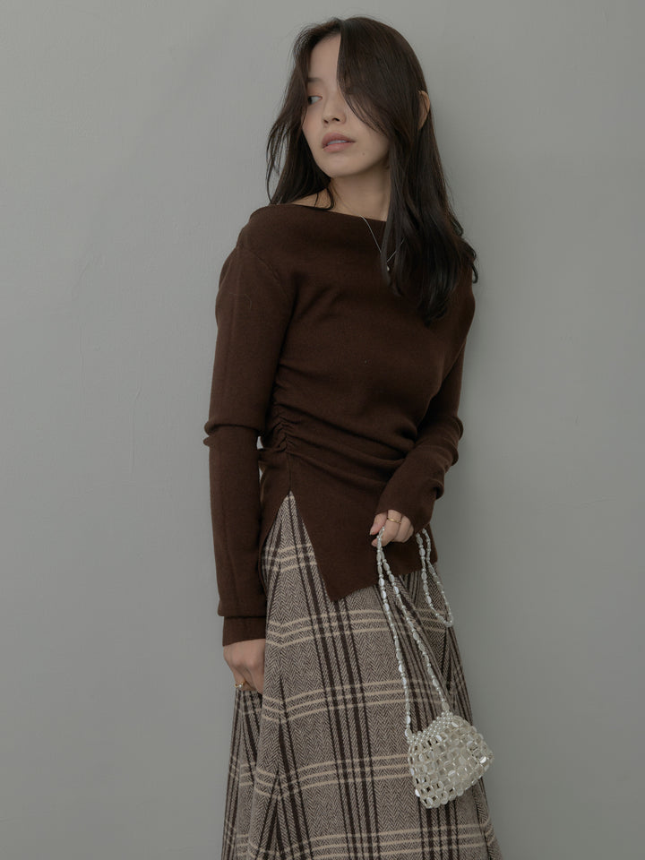 【SET】サイドスリットボートネックニットトップス+【Essential】クラシカルチェックウールタッチスカート(2set)