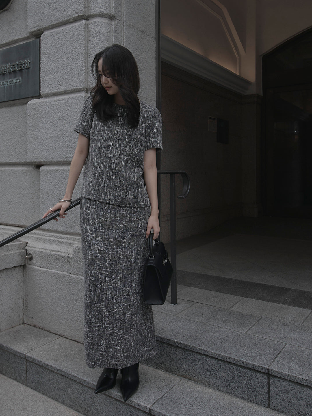 【SET】【Essential】ツイードハーフスリーブトップス+【Essential】ツイードペンシルスカート(2set)