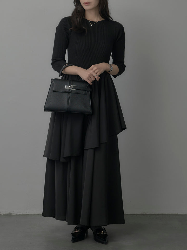 【Essential】7部袖リブドッキングワンピース