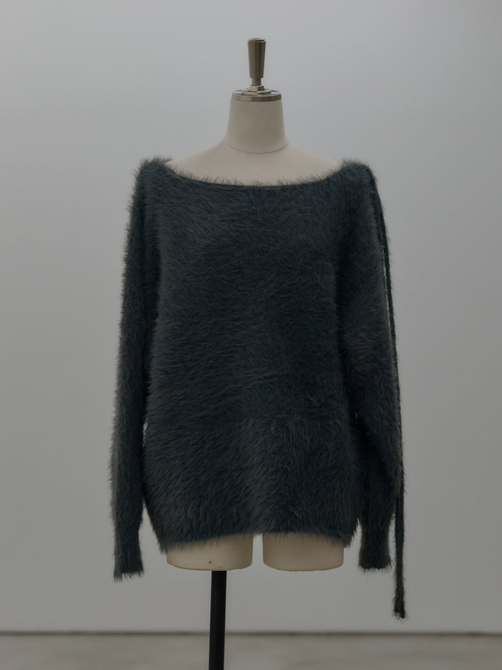 ネックリボンワンショルダーシャギーニット