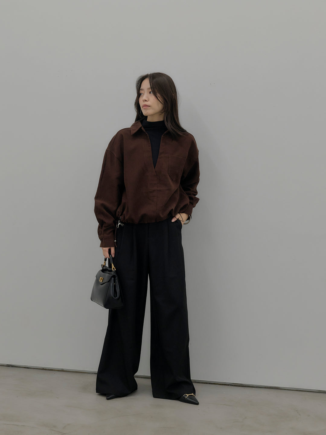 【SET】ドッキングデザイン裾ドロストスエードシャツ+デザインタックワイドパンツ(2set)