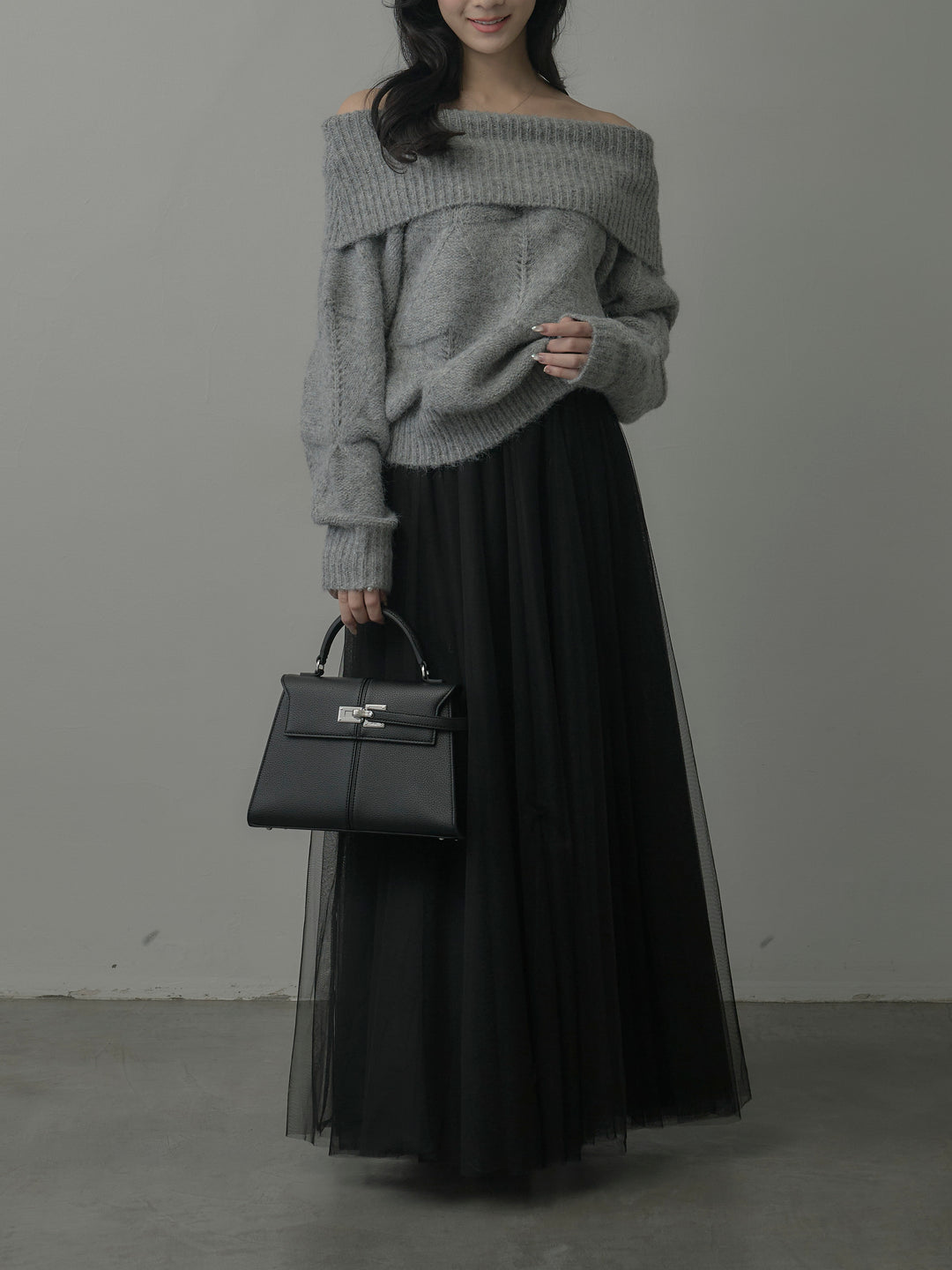 【SET】メランジニットオフショルトップス+ボリュームチュールスカート(2set)