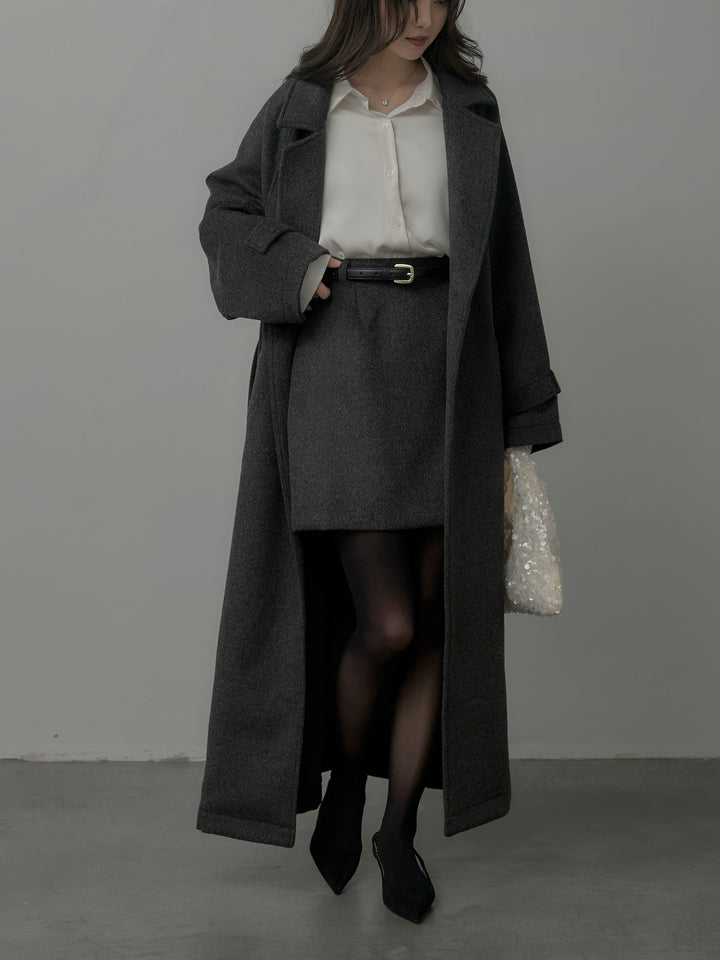 【SET】【Essential】ソフトウールリバートレンチコート+ケープ付きオーバーサテンシャツ+【Essential】ウールタッチミニスカート(3set)