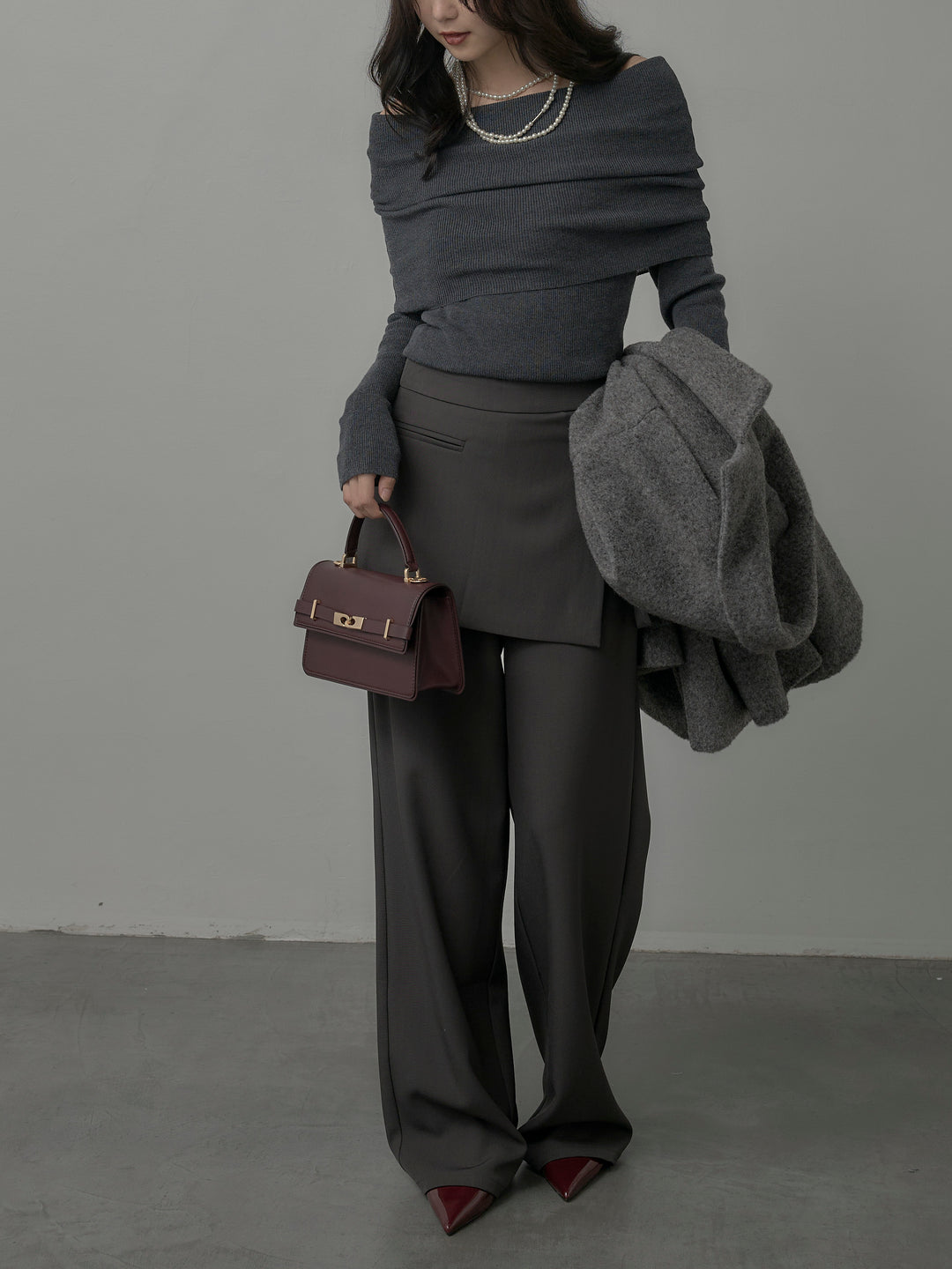 【SET】オフショルリブニットトップス+ラップワイドパンツ(2set)