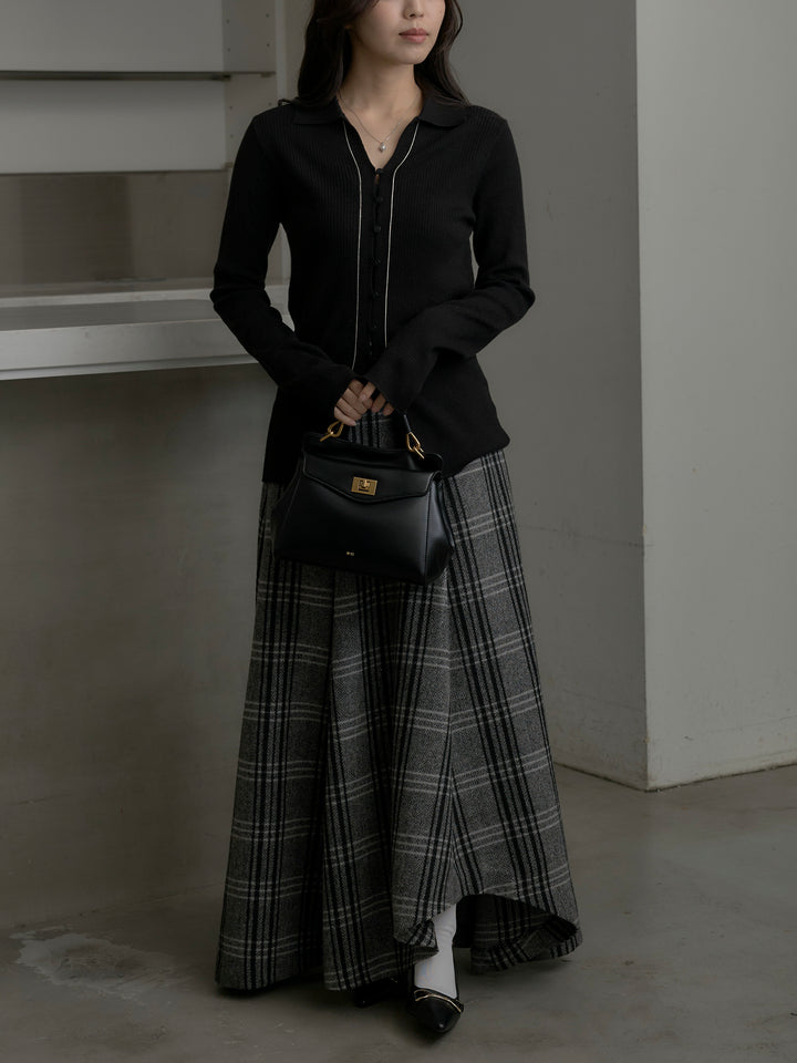 【SET】リブ配色ラインポロニットカーディガン+【Essential】クラシカルチェックウールタッチスカート(2set)
