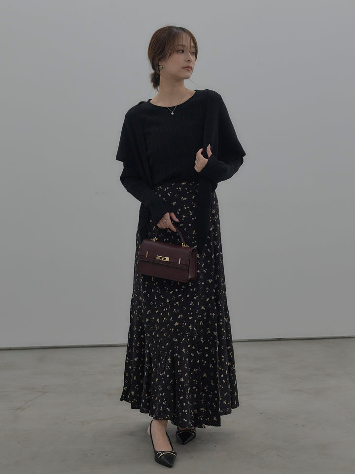 【SET】ニットスカーフ付きリブニットトップス+フラワーパターンマーメイドフレアスカート(2set)