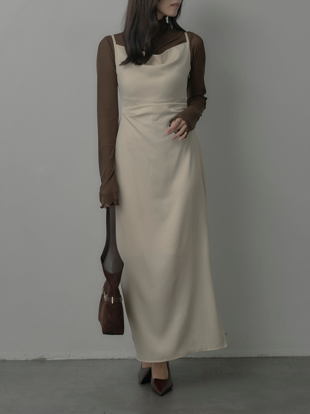 【SET】メロウフリルシアートップス+【Essential】サテンドレープキャミワンピ(2set)