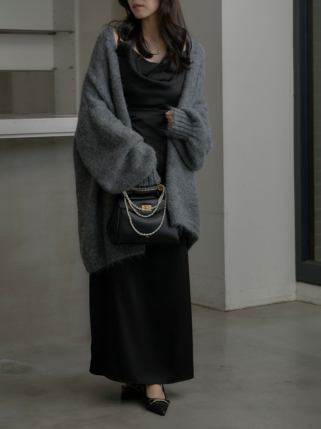 【SET】モヘアライクオーバーニットカーディガン+【Essential】サテンドレープキャミワンピ(2set)