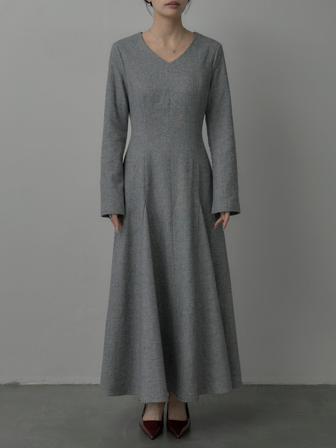 【Essential】2wayスリーブヘリンボーンフレアワンピース