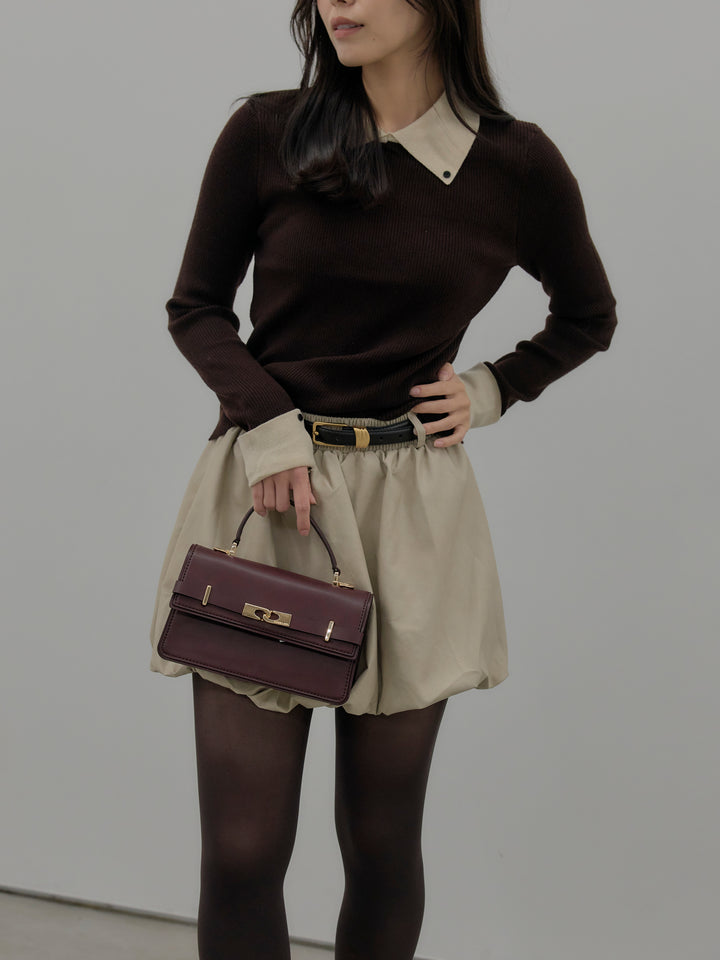 【SET】配色カフスニットポロ+ソフトレザーバルーンミニスカート(2set)