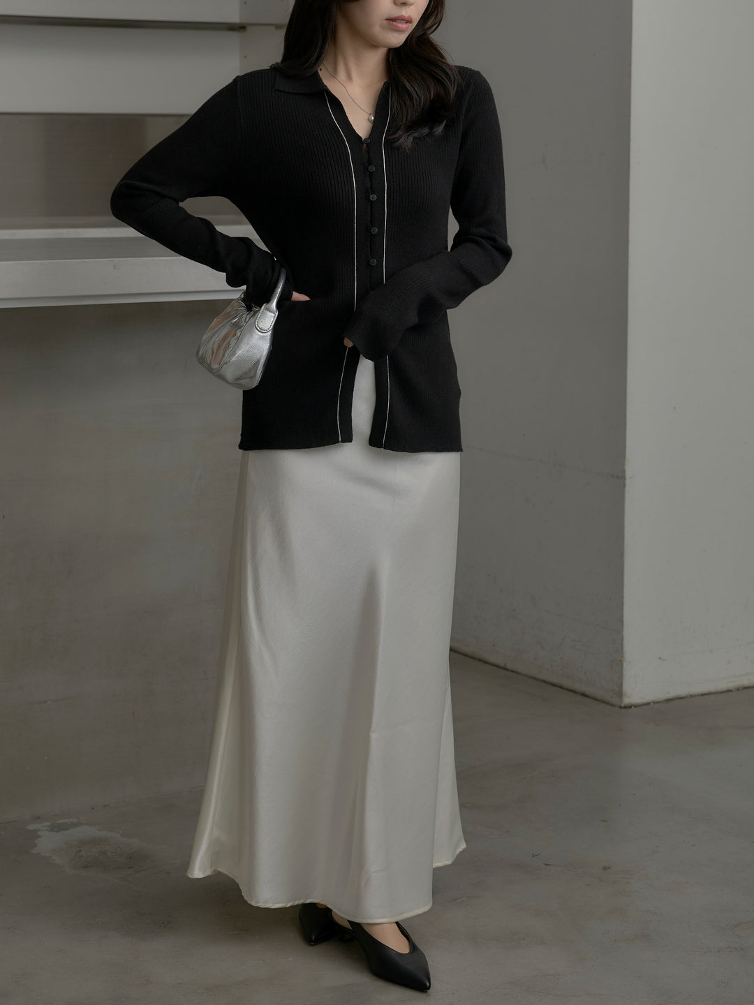 【SET】リブ配色ラインポロニットカーディガン+ナローAラインサテンスカート(2set)