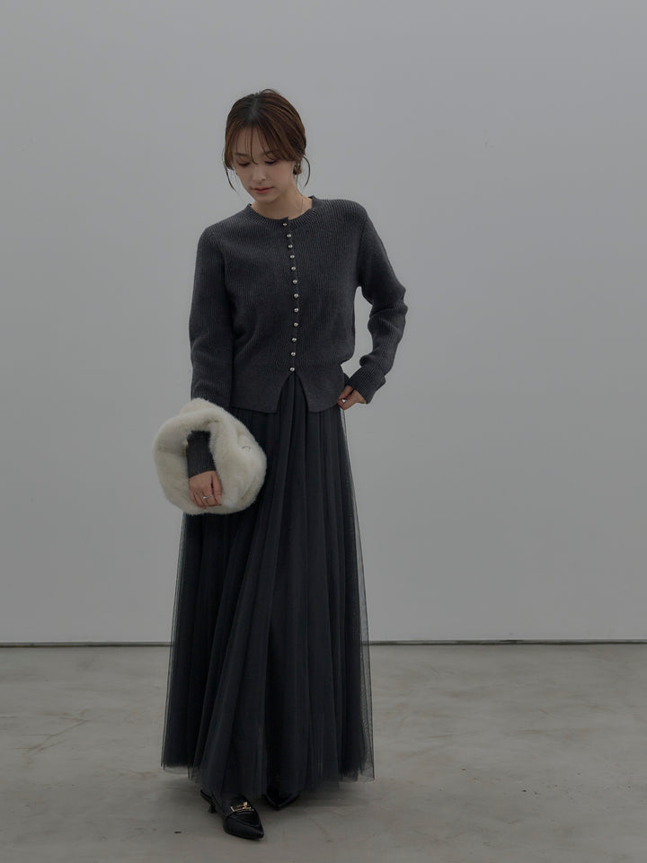 【SET】メタルボタンリブニットカーディガン+ボリュームチュールスカート(2set)