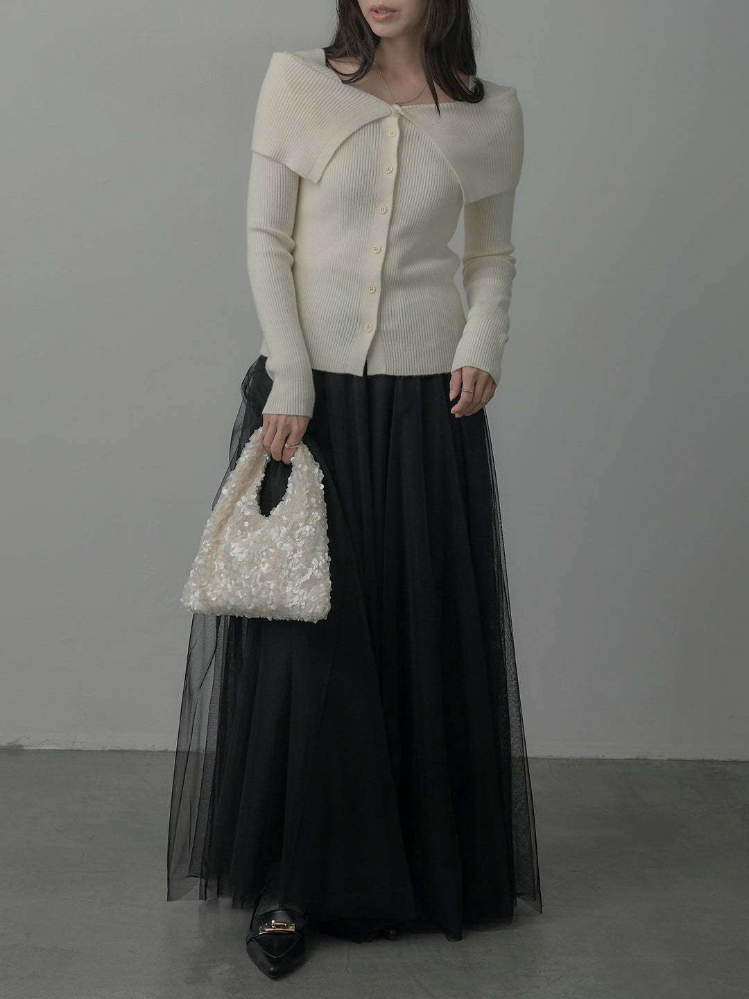 【SET】オフショルライクリブニットトップス+ボリュームチュールスカート(2set)