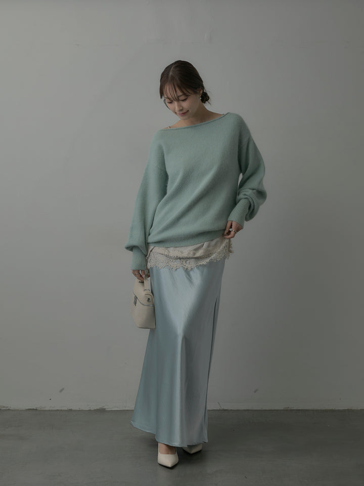 【SET】【premium touch】2wayショルダーニットプルオーバー+レースサテンキャミソール+ナローAラインサテンスカート(3set)