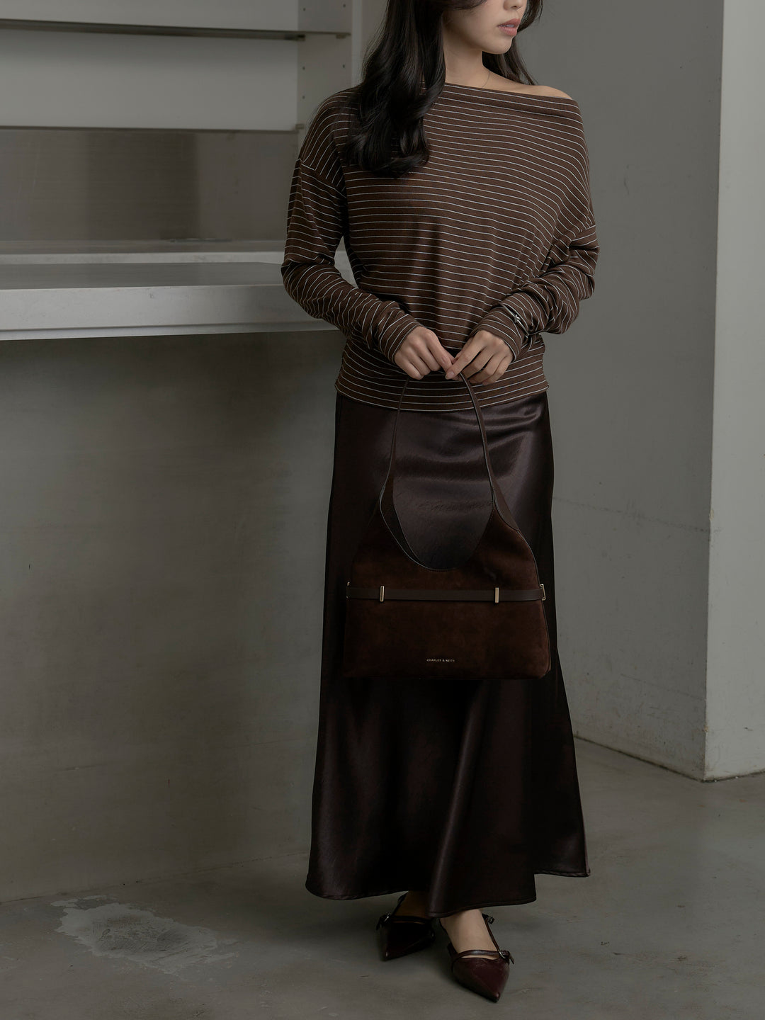 【SET】2wayショルダーボーダートップス+ナローAラインサテンスカート(2set)