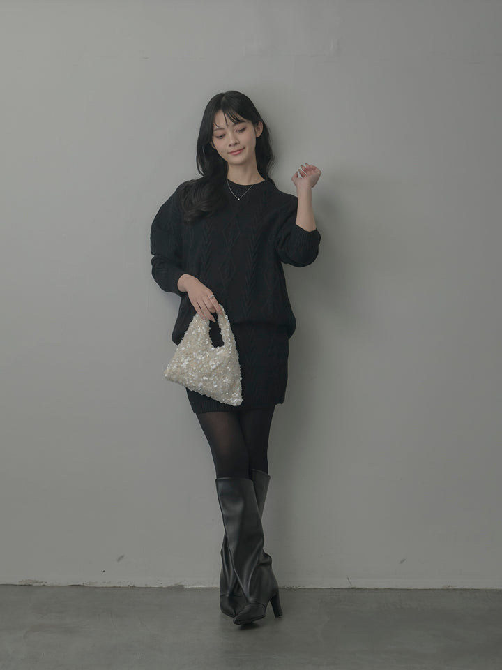 デザイン編みニットトップス&ミニスカート SET UP