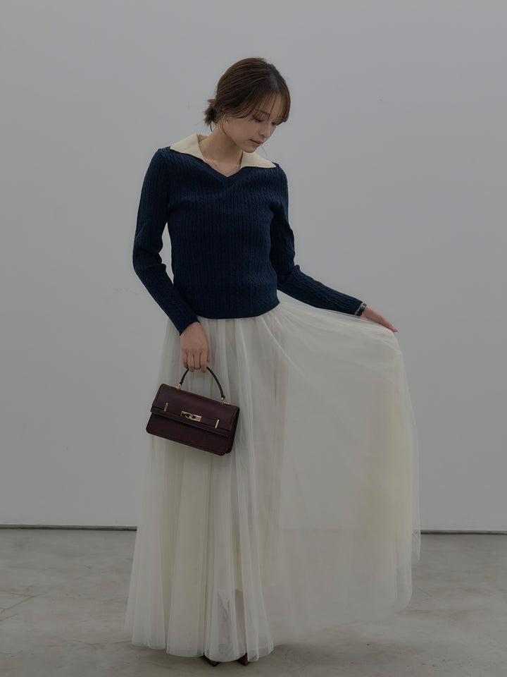 【SET】配色Vネックケーブルニットトップス+ボリュームチュールスカート(2set)