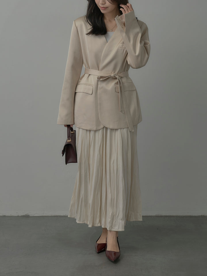 【SET】ノーカラーサテンジャケット+ベロアワッシャープリーツスカート(2set)