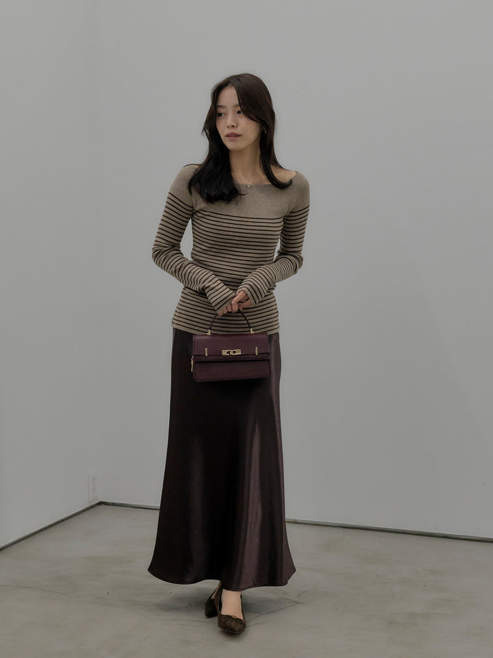 【SET】ハーフボーダーニットトップス+ナローAラインサテンスカート(2set)